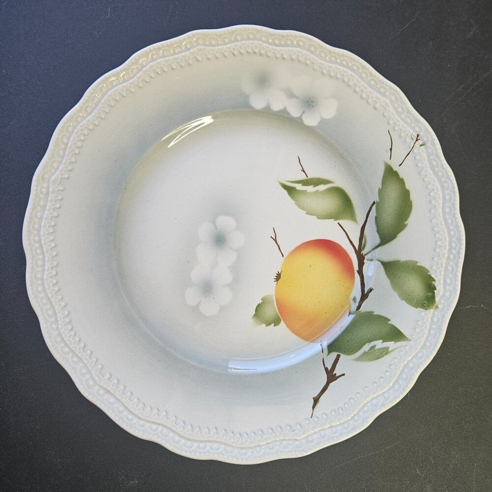 Vintage 9" Porcelain Plate Germany Peach Floral Gray Beaded Scalloped Rim